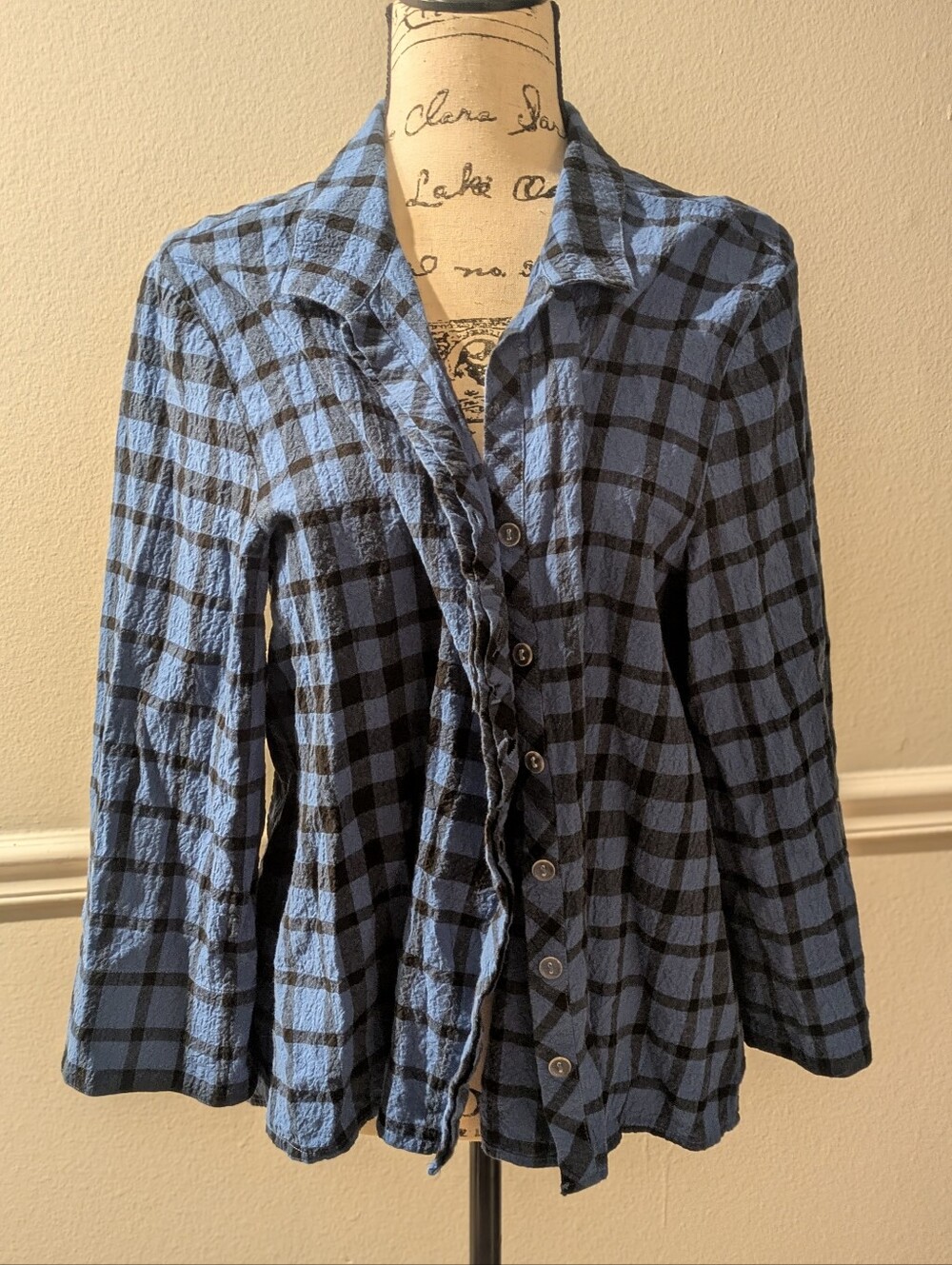 Blue and Black Plaid Button-Front Women’s Top